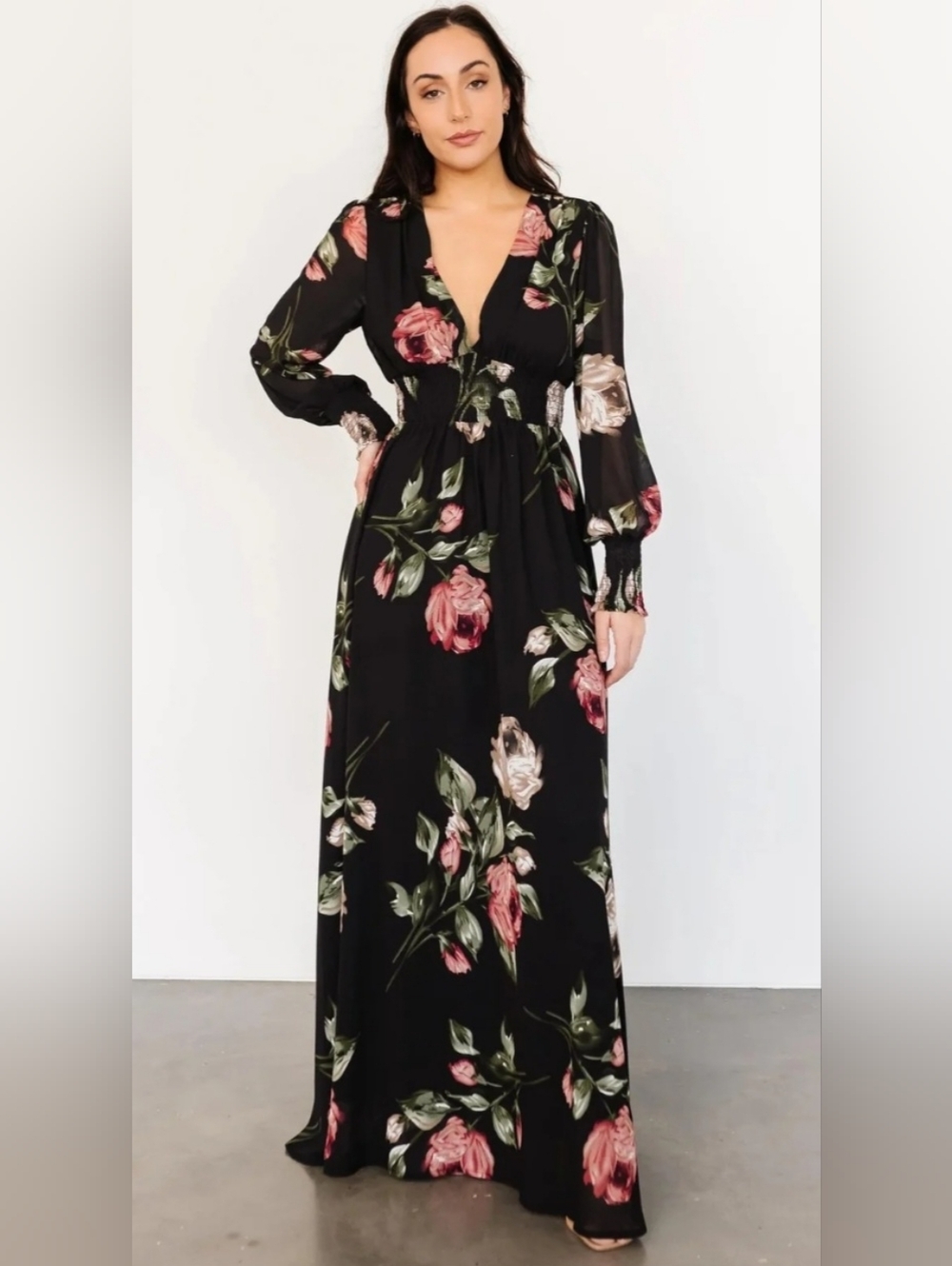 Baltic Born Floral V-Neck Maxi Dress - Black with Pink Rose Print